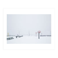 Snow-covered Basketball court and side bench (Print Only)