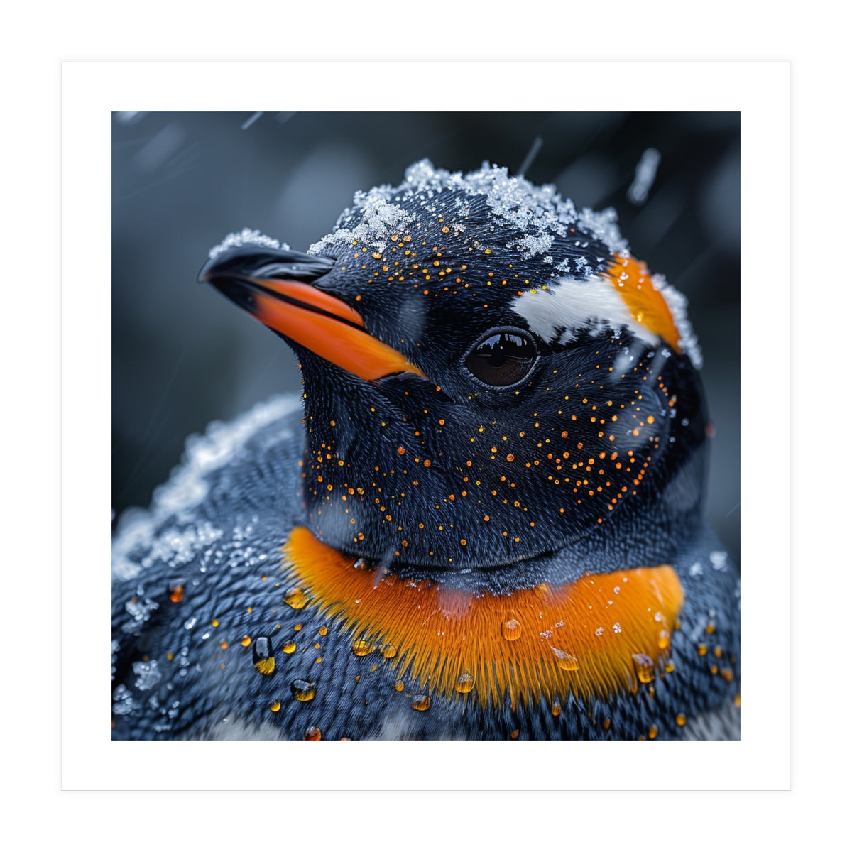 Close Up Penguin In Snow With Water Droplets (Print Only)