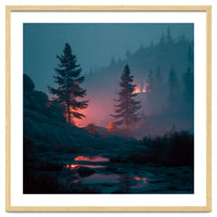 Atmospheric Twilight Pine Forest with Glowing Crimson Light