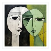 DYNAMIC FUSION, Two abstract heads converge - vibrant green tones intertwine with cool grey hues, a dance of contrast and connection. (Print Only)