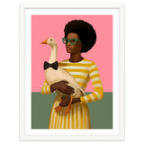 Stylish Woman Holding Goose In Striped Dress thumbnail