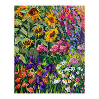 Vibrant Summer Sunflower and Iris Meadow Oil Painting (Print Only)
