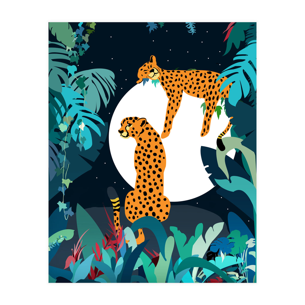 Over The Moon, Leopard In Love, Jungle Wildlife Tropical Tiger Botanical, Nature Cat Dark Animals (Print Only)
