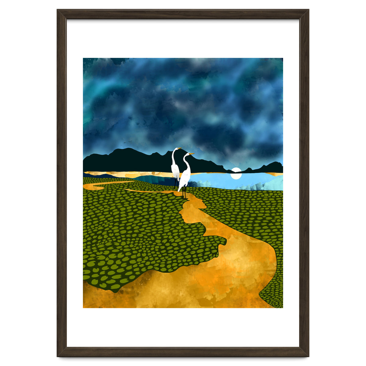 Great Egrets On Honeymoon Island, Heron Wildlife Painting Nature Landscape, Travel Dark Scenic Birds Love Animals Lake Bohemian