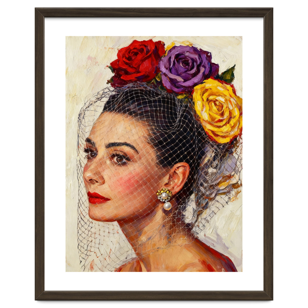 Audrey Hepburn, Impasto Floral Veil Portrait, Classic Hollywood Oil Painting,