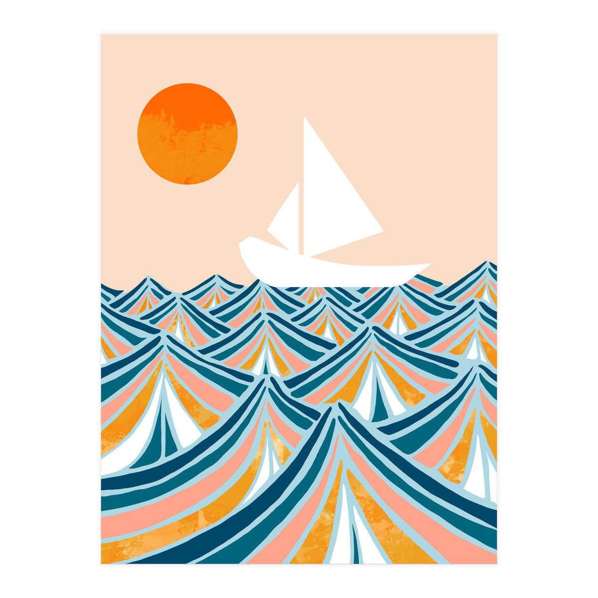 Set Sail, Ocean Boat Sailing Travel, Sea Cruise Summer Waves, Graphic Design Bohemian Modern Eclectic (Print Only)