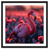 Pink Flamingo Bird Standing Among Flowers At Sunset thumbnail