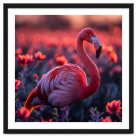 Pink Flamingo Bird Standing Among Flowers At Sunset