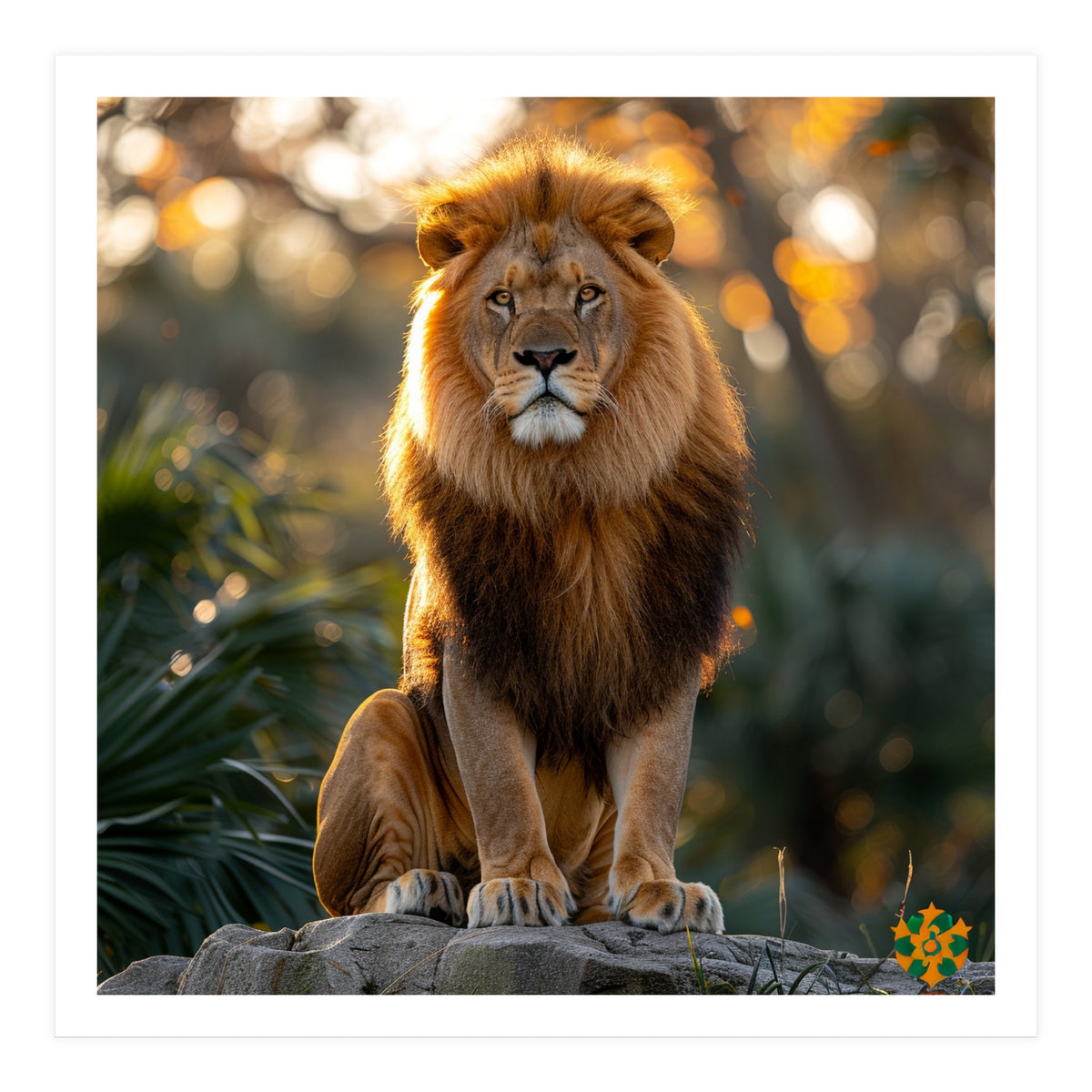 Majestic Lion Sitting On A Rock At Sunset (Print Only)