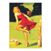 Pinup Girl In Red Dress Crossing The Barbed Wire While Looking At The Bull (Print Only)