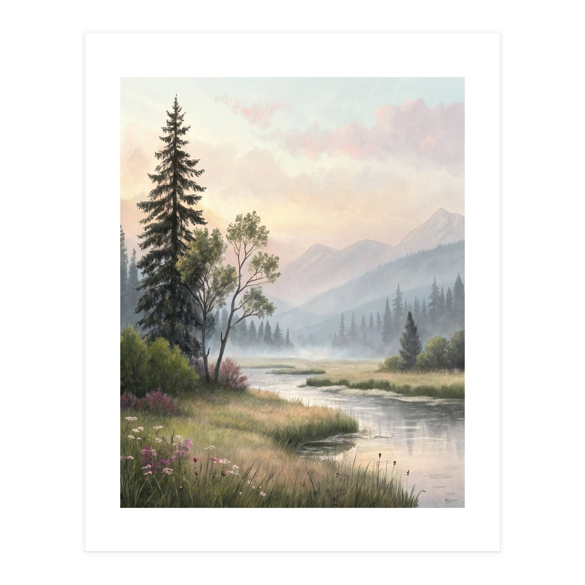 Dreamy Alpine Valley Landscape Painting (Print Only)