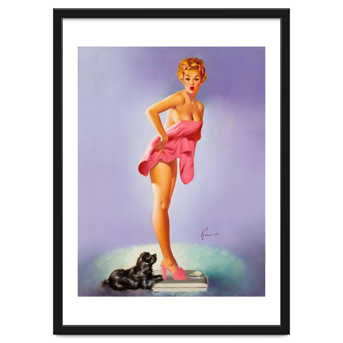 Pinup Girl On A Scale With Her Little Black Dog Behind