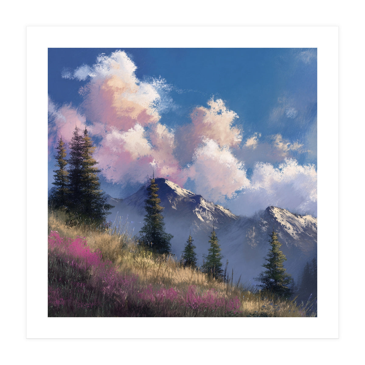 Alpine Summer Meadow with Vibrant Wildflowers and Snow (Print Only)