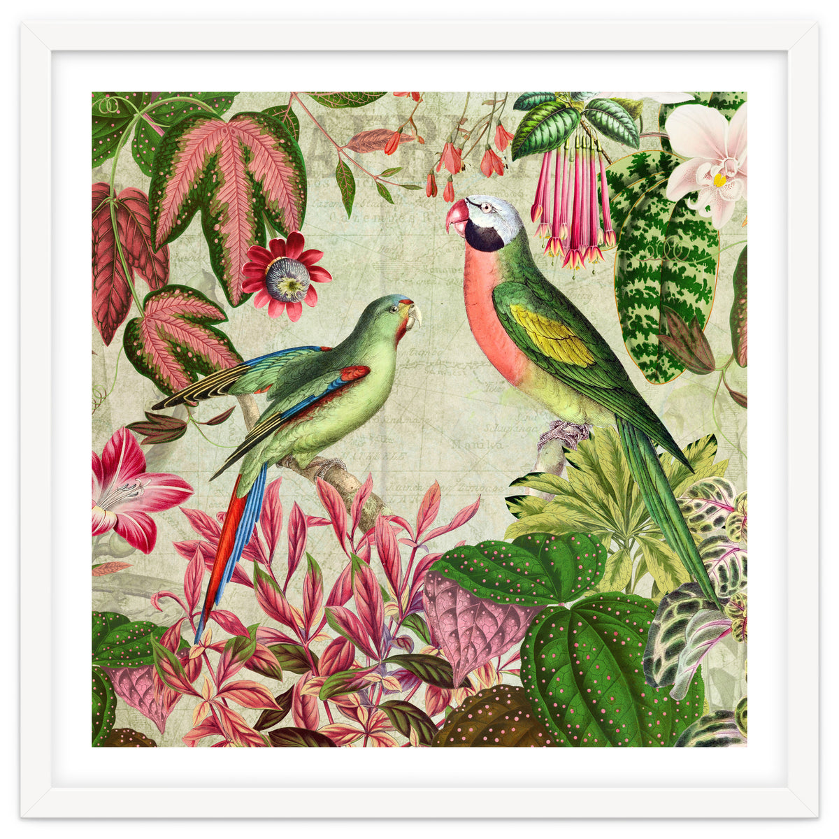 Exotic Lush Rainforest With Colorful Parrots And Flowers