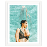 Bathe | Woman Pool Shower | Summer Swim Watercolor Painting | Brunette Bikini Boho Fashion thumbnail