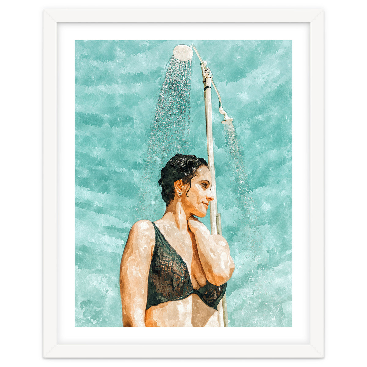 Bathe | Woman Pool Shower | Summer Swim Watercolor Painting | Brunette Bikini Boho Fashion