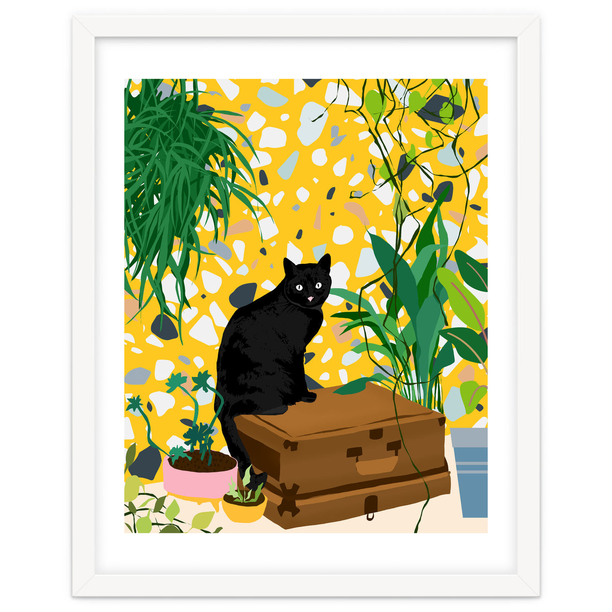 Urban Jungle Cat, Black Cats Pets Terrazzo Decor, Whimsical Bohemian Animals Illustration, Eclectic Quirky Travel