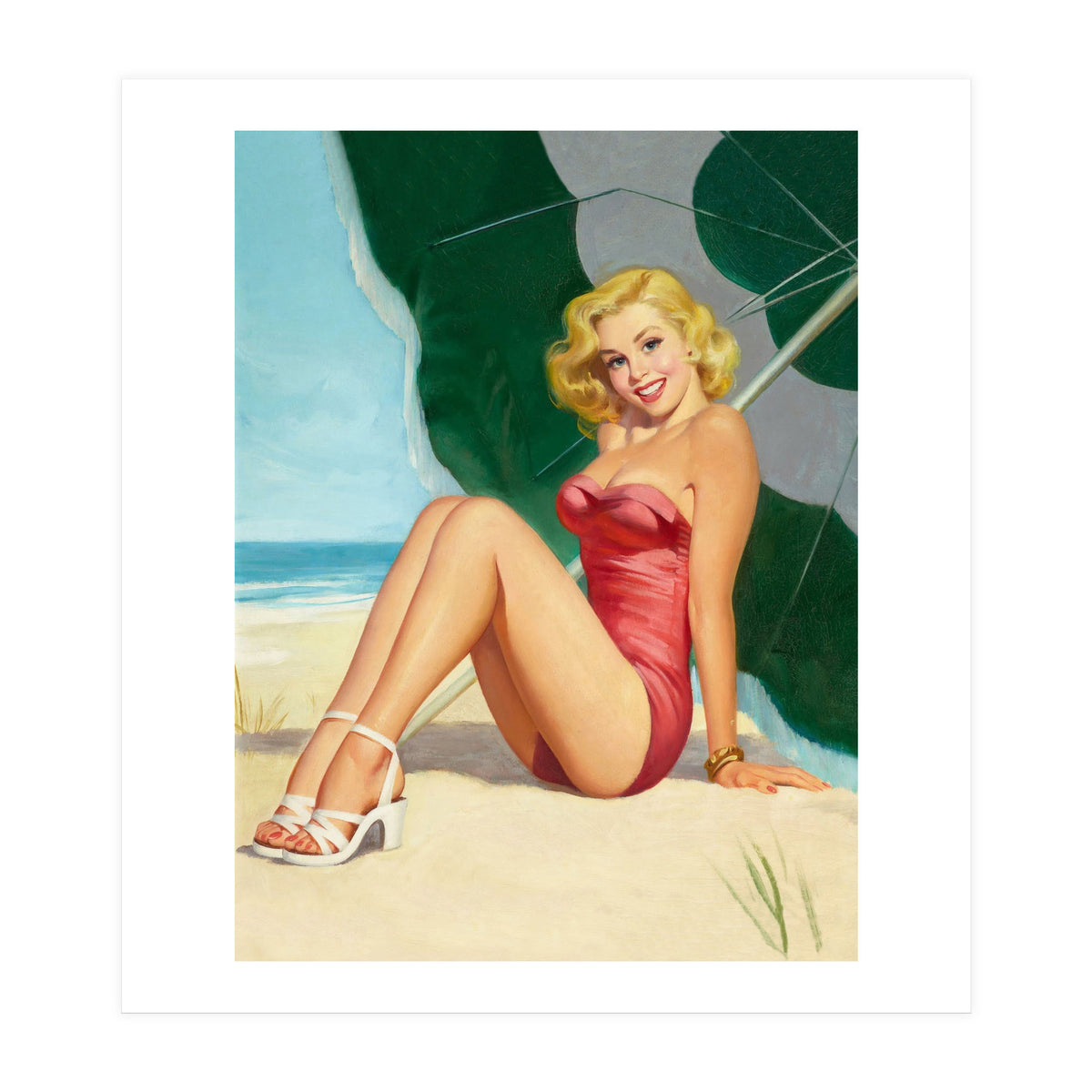 Sexy Pinup Girl On The Beach Under Big Sunshade (Print Only)