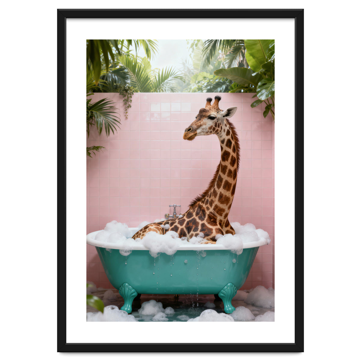 Giraffe in Bathtub, Whimsical Bathroom Art