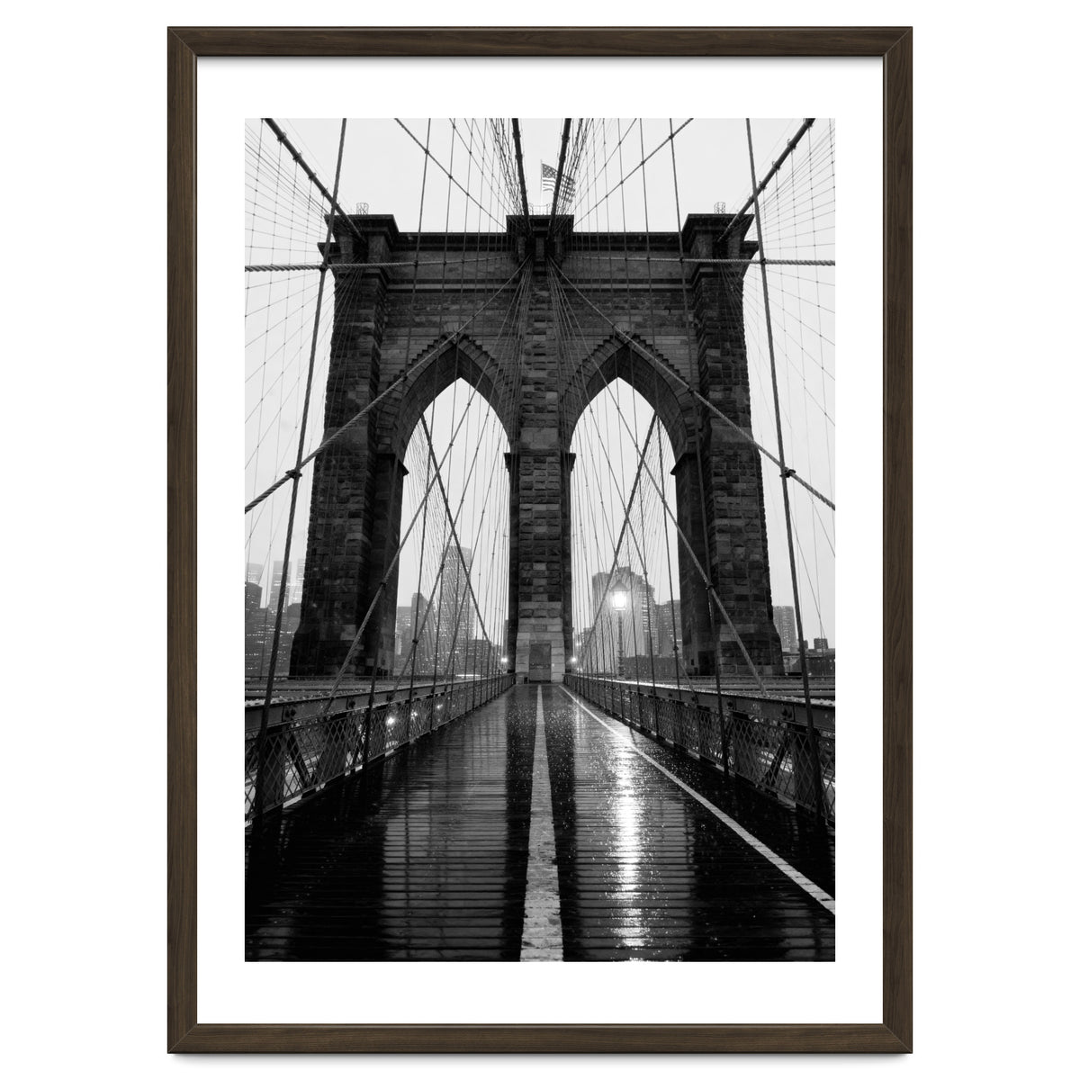 Brooklyn Bridge Black and White, Moody NYC Architecture, Rainy Urban Photography