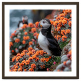 Atlantic Puffin Bird Perched On Orange Flowers thumbnail