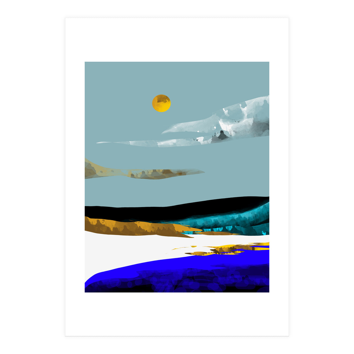 Duality & Intention, Abstract Nature Landscape Adventure Painting, Travel Mountains Sun Sky Scandinavian Clouds (Print Only)