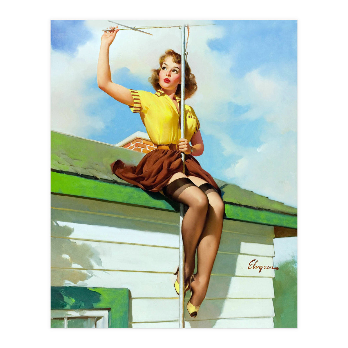 Pinup Sexy Girl Setting Up The Antenna On The Roof (Print Only)