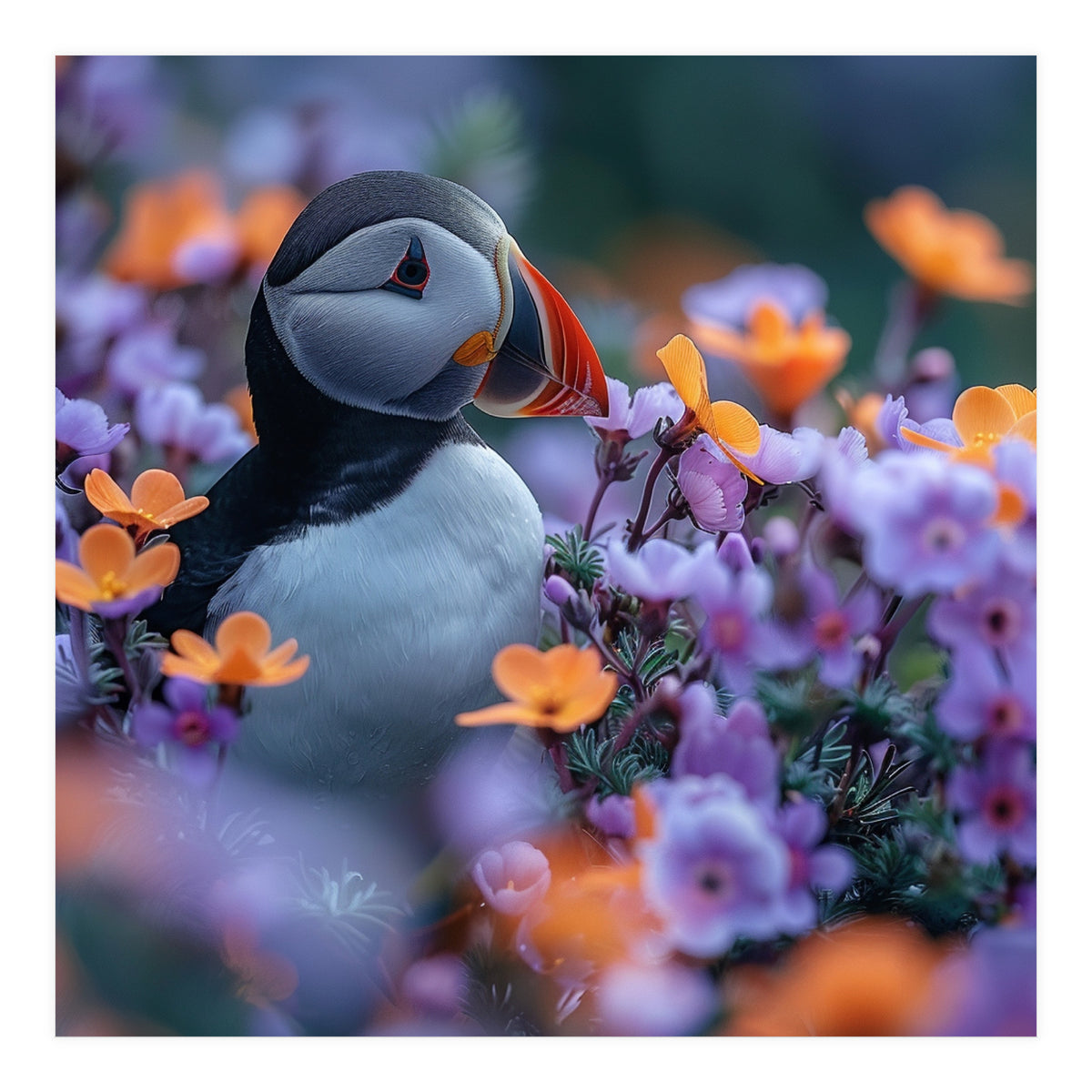 Puffin Bird Among Vibrant Purple And Orange Flowers (Print Only)