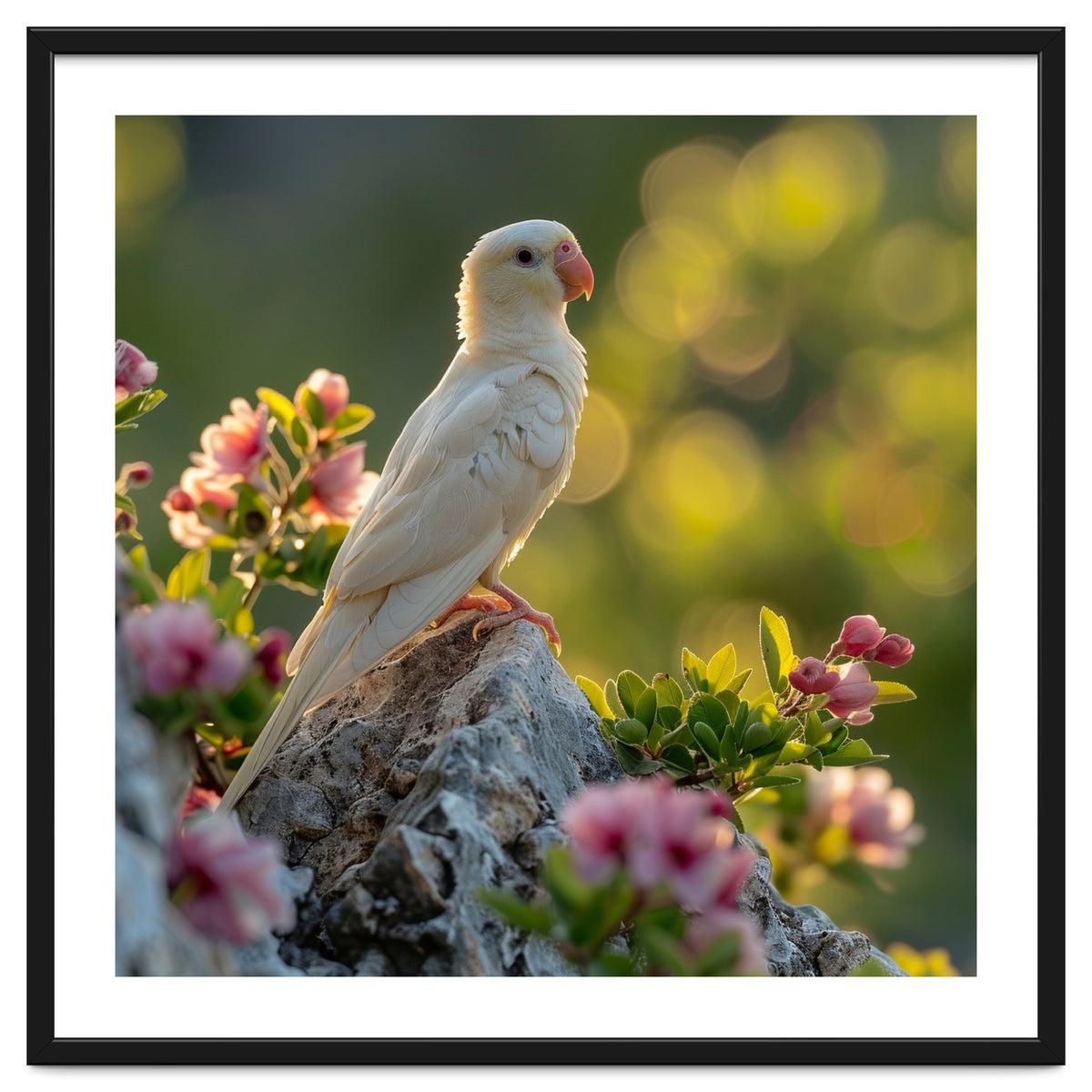 Albino Parrot Perched On A Rock Amongst Flowers