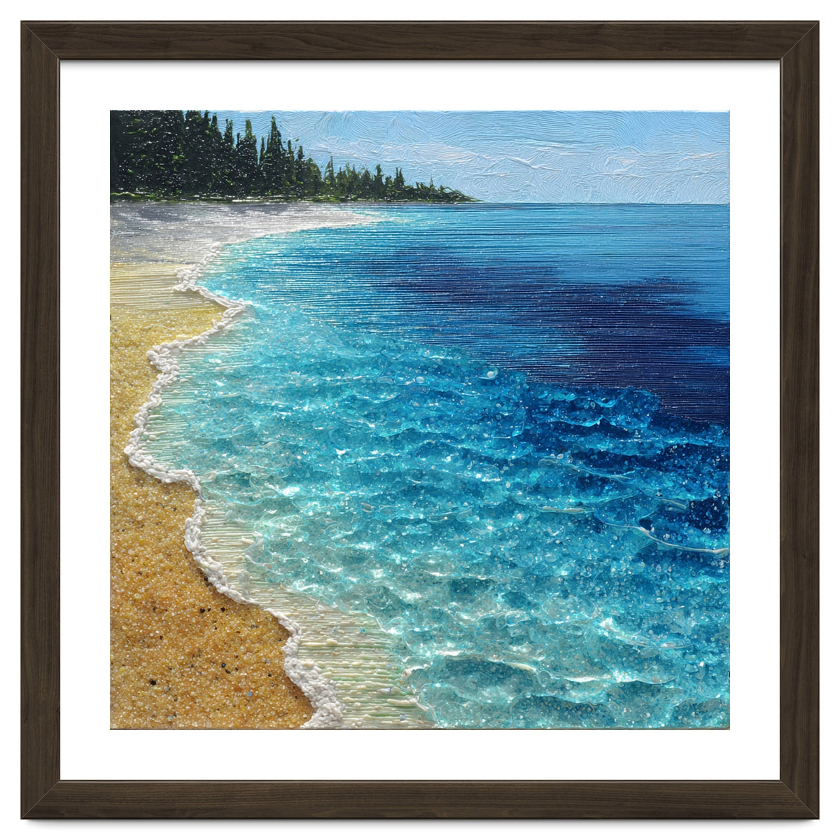 Sun-Drenched Coastal Shoreline with Textured Impasto Waves