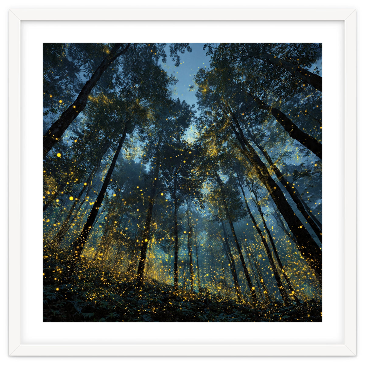 Celestial Forest Canopy with Swirling Golden Fireflies and Deep Twilight Blue Sky Digital Art