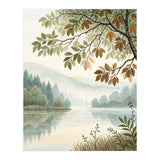 Tranquil Lakeside Forest Watercolor Painting with Overhanging Autumn Branches and Misty Mountain Reflection (Print Only) thumbnail