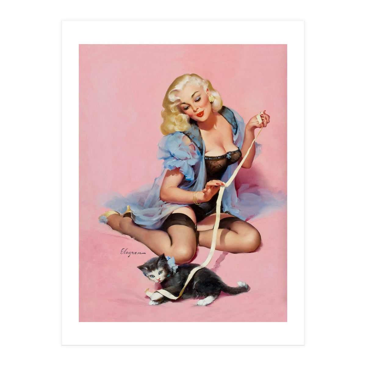 Sexy Pinup Girl Playing With Her Cat (Print Only)