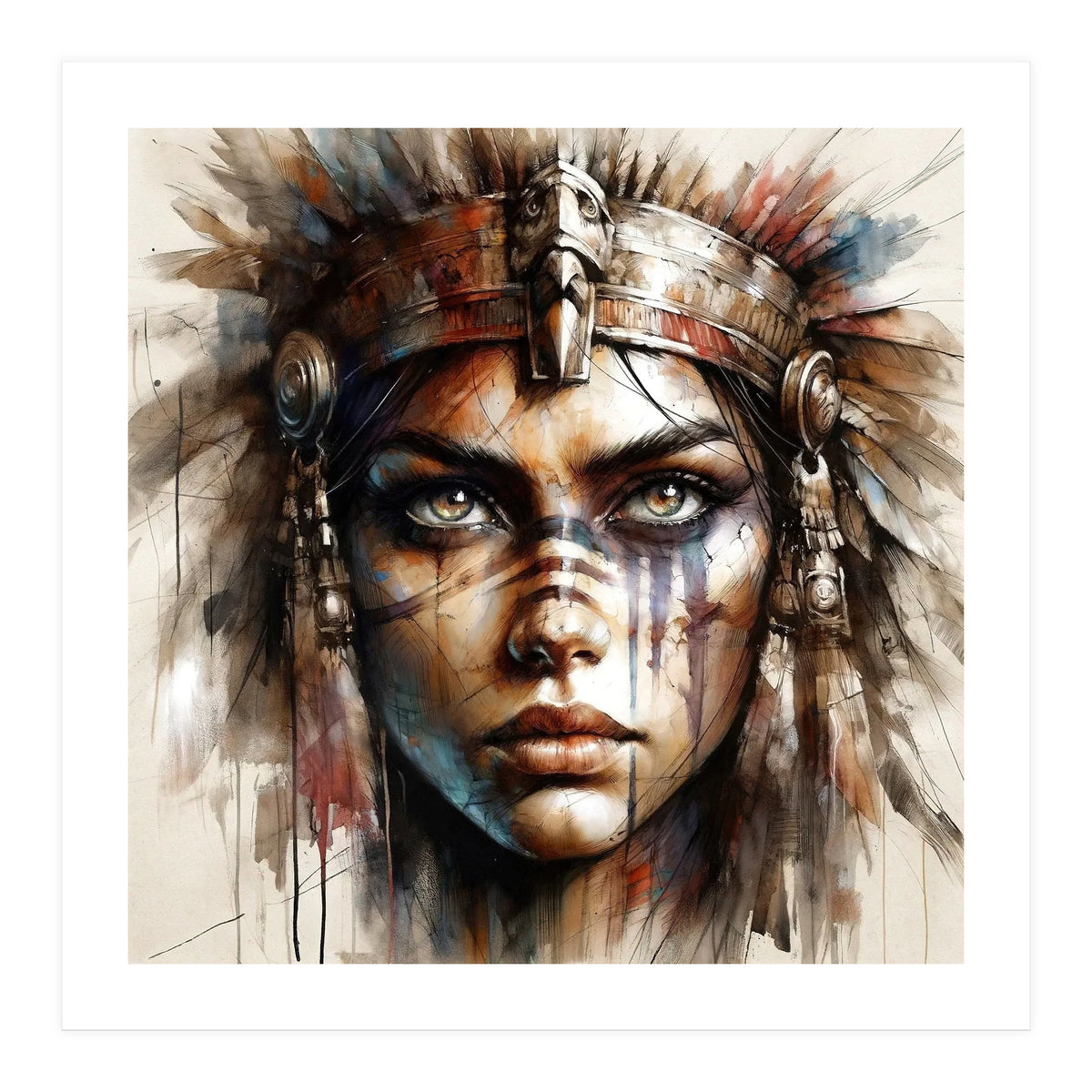 Regal Warrior Woman Watercolor Portrait (Print Only)