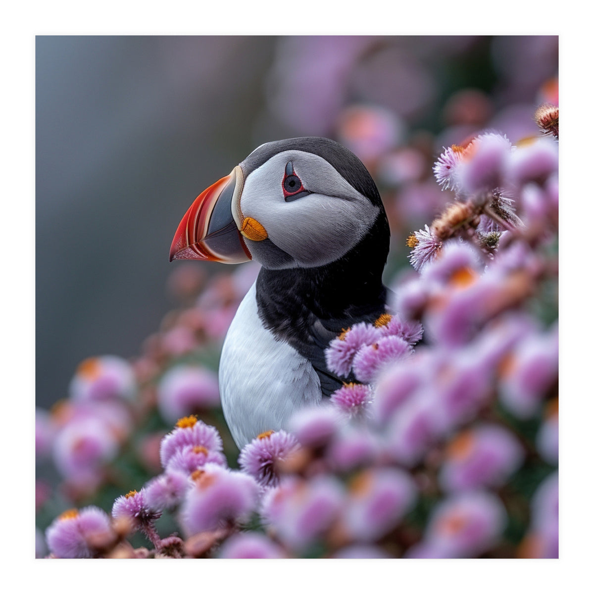 Atlantic Puffin Amidst Pink Heather Flowers (Print Only)