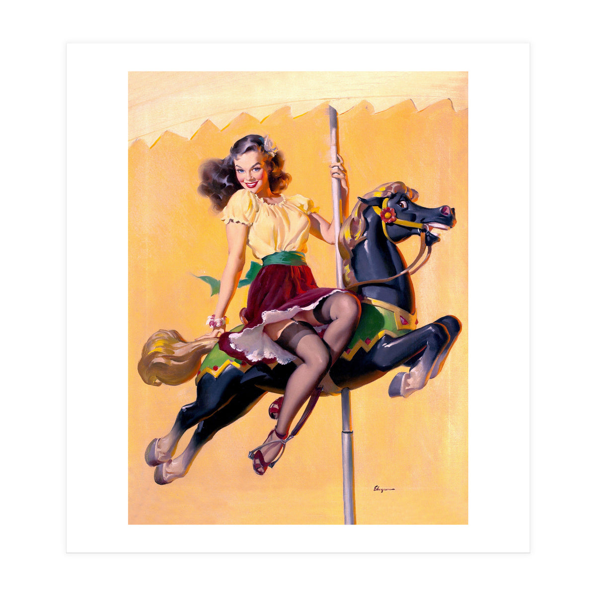Pinup Sexy Girl Riding A Wooden Horse (Print Only)