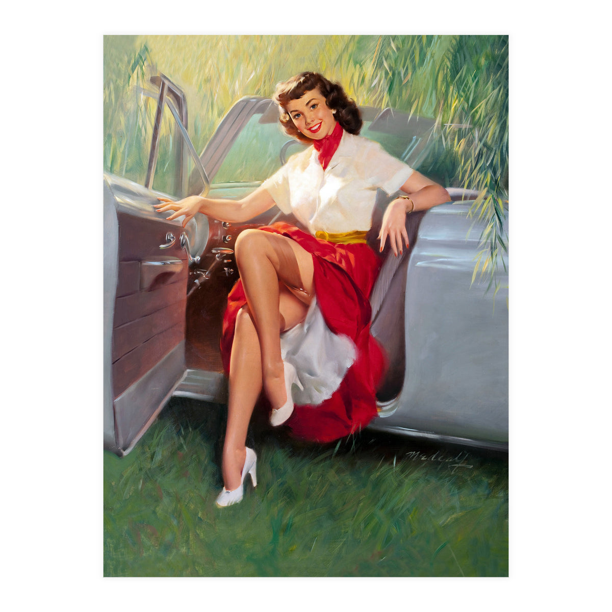 Sexy Pinup Woman Posing In Convertible Car (Print Only)