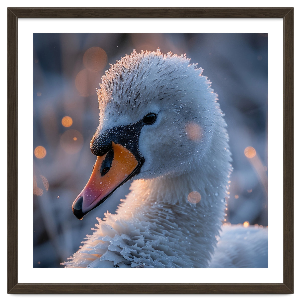 Close Up Frosty Swan Head During Golden Hour