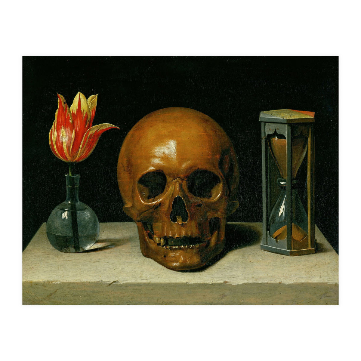 Vanitas, allegory of fleeting time with skull and hour-glass. Oil on canvas. (Print Only)