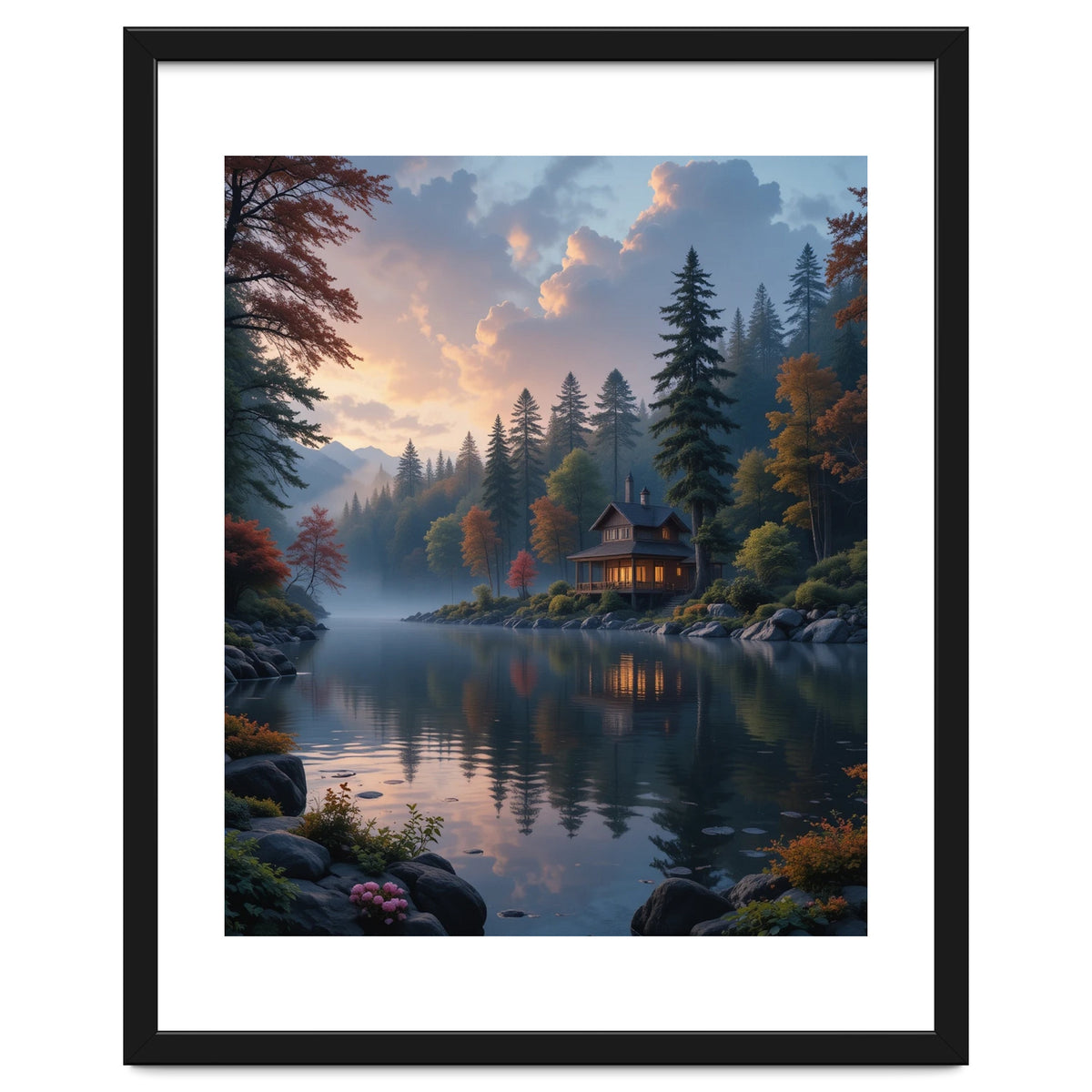 Serene Lakeside Retreat in Autumn Forest