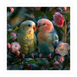 Two Lovebirds Perched On A Branch Near Flowers (Print Only) thumbnail