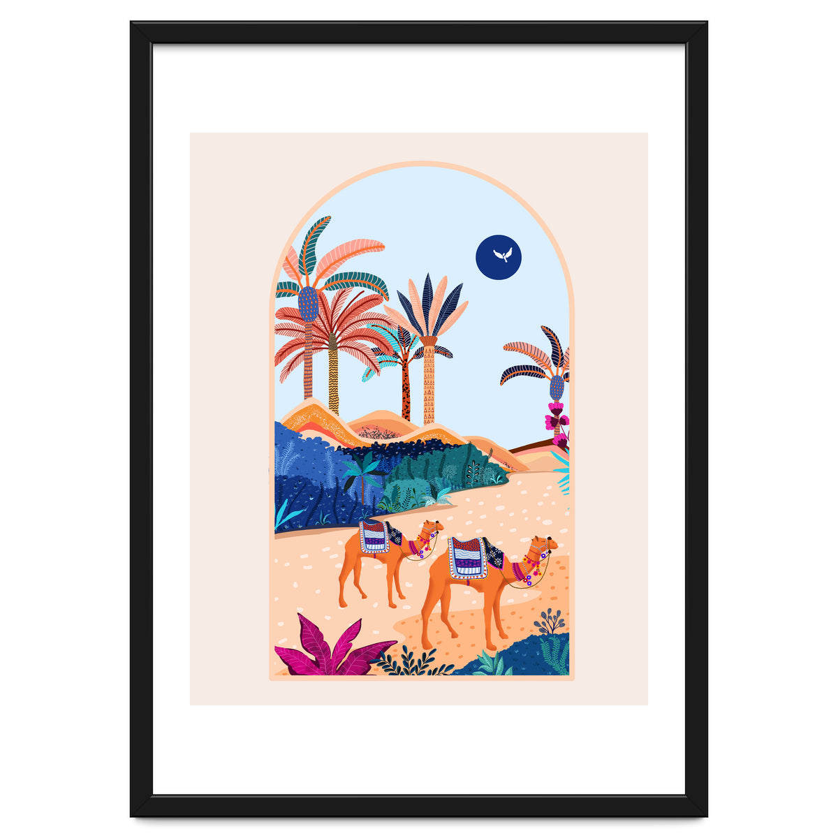 The Arabian Desert, Nature Landscape Travel Illustration, Camels Eclectic Sand Dunes Dubai Palm, Sahara Middle East Hot Summer Animals Bohemian