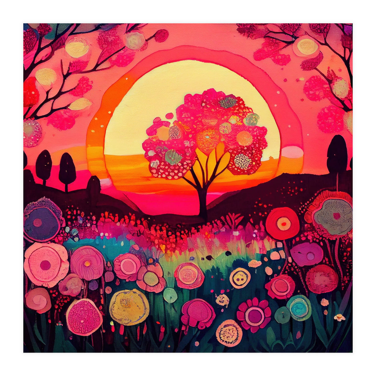 Folk Sunset Blossoming Tree (Print Only)
