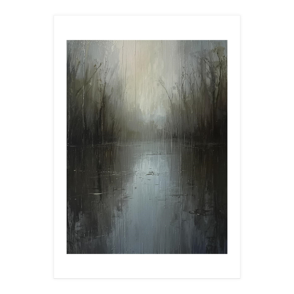 Ethereal Rainy Lake Forest Oil Painting (Print Only)
