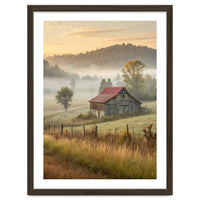 Rustic Red Roof Barn in Misty Morning Valley Landscape