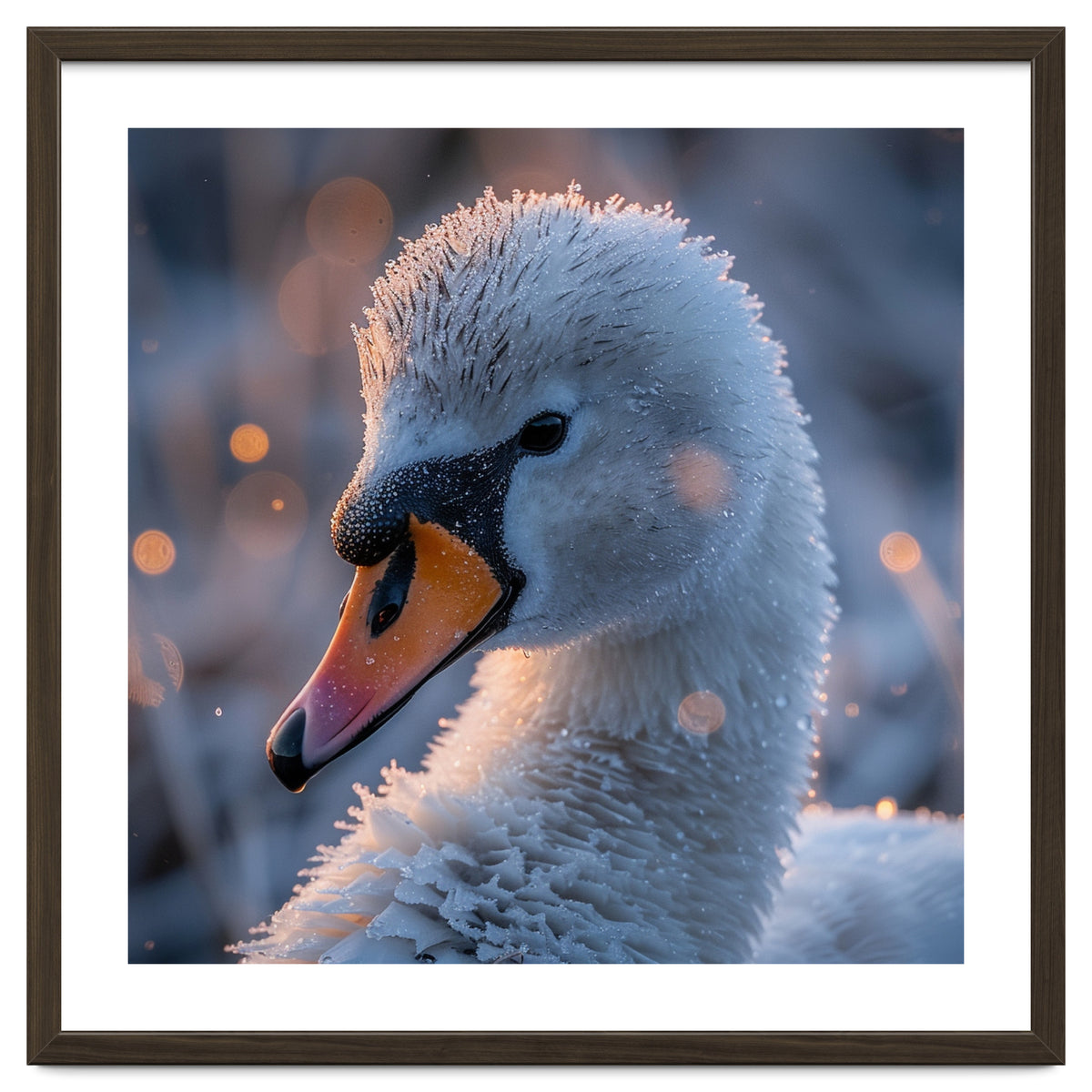 Close Up Frosty Swan Head During Golden Hour