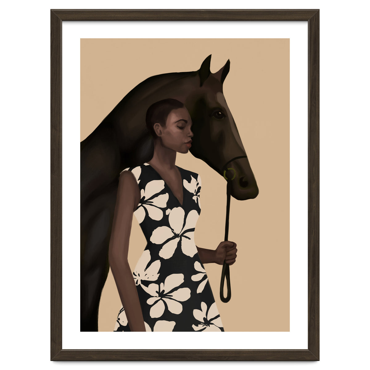 Woman In Bold Print With Black Horse