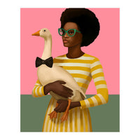 Stylish Woman Holding Goose In Striped Dress (Print Only)