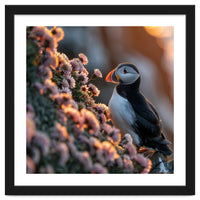 Puffin Bird On Rocks Near Pink Flowers At Sunset