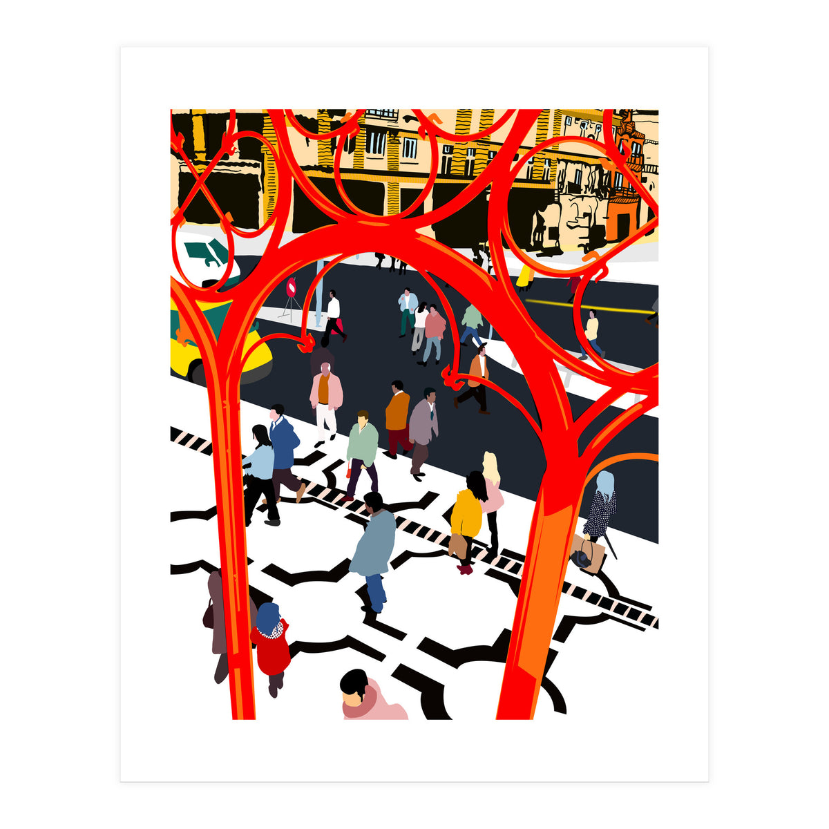 City Street, Eclectic Architecture Buildings Busy New York, People Work Office Daily Life Boho Contemporary Traffic Gifts (Print Only)